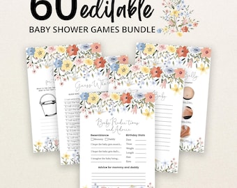 May include: A bundle of 60 editable baby shower game cards featuring floral borders with red, yellow, and blue flowers. The cards include text such as Baby Predictions and Advice, Guess Who, and various prompts for guests to fill out on white paper.
