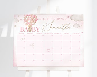 May include: Pink and white baby shower game with a calendar to guess the arrival date of Samantha. The calendar has a cute teddy bear in a hot air balloon with pink and white balloons.