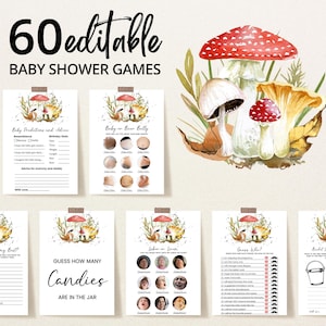 Pacchetto di giochi per baby shower a tema funghi modificabili, pacchetto di giochi per baby shower a tema funghi della foresta, giochi per baby shower a tema funghi minimalisti, BBS850