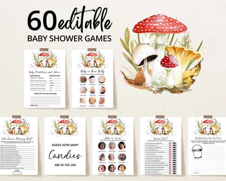 May include: A set of printable baby shower games with a woodland theme. The games include "Baby Predictions and Advice", "Baby or Bear Belly", "Who Knows Mommy Best?", "Guess How Many Candies Are in the Jar", "Who's Who in Mommy's Life", "Guess Who?", and "Bucket List for the First Year".