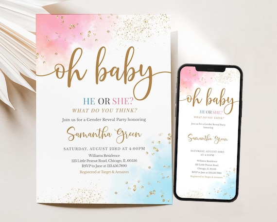 Invito per baby shower modificabile Gender Revel rosa blu Oh Baby, invito per baby shower Lui o Lei, invito per baby shower rosa oro blu, BBS878 - Italia