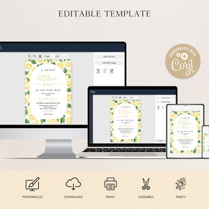 May include: Editable template for a baby shower invitation with a lemon theme. The invitation features a watercolour illustration of lemons and green leaves with the text "A Sweet Little One Is On The Way".