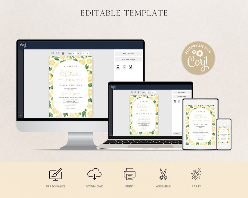 May include: Editable template for a baby shower invitation with a lemon theme. The invitation features a watercolour illustration of lemons and green leaves with the text "A Sweet Little One Is On The Way".