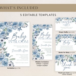 May include: A set of five printable baby shower templates featuring a blue and white floral design. The templates include an invitation, a diaper raffle card, a books for baby card, a mobile invitation, and a thank you card. The text on the invitation reads "Baby in Bloom" and includes the name "Samantha Green".