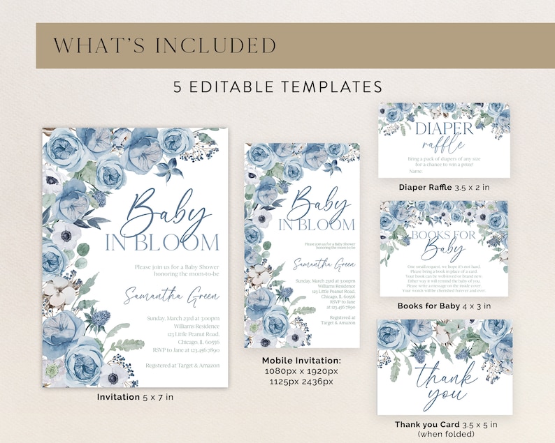 May include: A set of five printable baby shower templates featuring a blue and white floral design. The templates include an invitation, a diaper raffle card, a books for baby card, a mobile invitation, and a thank you card. The text on the invitation reads "Baby in Bloom" and includes the name "Samantha Green".