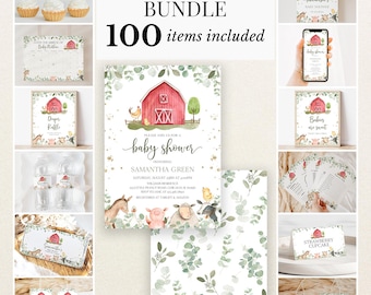 May include: A baby shower bundle featuring 100 items with a farm theme, including invitations, signs, tags, and games. The designs feature a red barn, farm animals, and green eucalyptus foliage with text such as Baby Shower Bundle 100 items included.