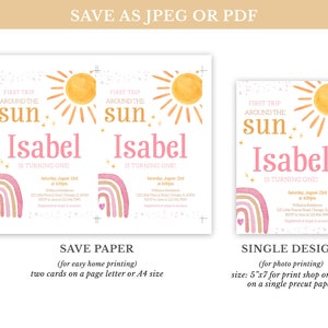 Pu&ograve; includere: Invito stampabile per un primo compleanno con un tema sole e arcobaleno. L'invito &egrave; rosa, giallo e arancione con il testo "Primo viaggio intorno al sole Isabel compie un anno!" e dettagli per la festa.