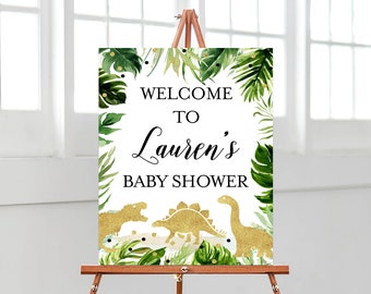 Editable Dinosaur Baby Shower Guess Baby's Arrival, Greenery Gold Dinosaur Baby Shower Due Date Calendar, Boy Dinosaur Shower, BBS202