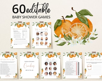 Editable Little Cutie Baby Shower Game Bundle, Orange Baby Shower Game Pack, Gender Neutral Orange Citrus Baby Shower Games, BBS675