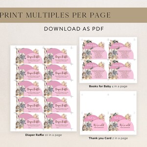 Op de afbeelding: Printbare baby shower-windeltombola-kaartjes en bedankkaartjes met een roze en gouden kleurenschema en een jungledierenmotief. De tekst op de windeltombola-kaartjes luidt "Diaper Raffle" en de tekst op de bedankkaartjes luidt "Thank You We're Wild with excitement".