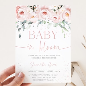 Editable Pink Floral Baby in Bloom Baby Shower Invitation, Girl Floral Baby Shower Invite Pack, Pink  Spring Floral Shower Invite, BBS601