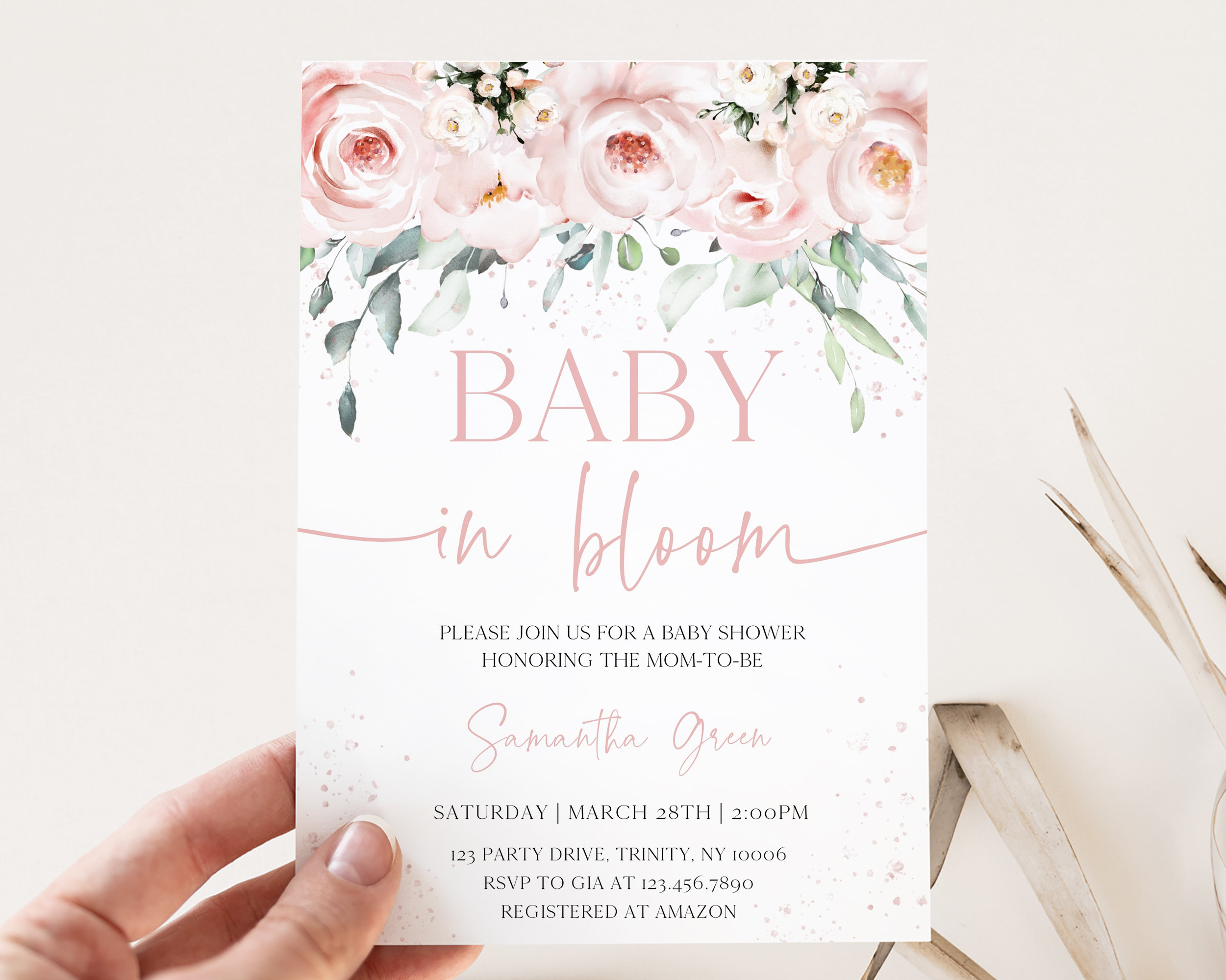 Editable Pink Floral Baby in Bloom Baby Shower Invitation, Girl Floral Baby Shower Invite Pack, Pink  Spring Floral Shower Invite, BBS601