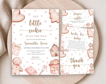 May include: A baby shower invitation set featuring gingerbread-themed illustrations, including a gingerbread person, house, and cookies. The text reads: Our little cookie is on the way! Join us for a baby shower honoring Samantha Green, Saturday, December 17th at 2PM, Smith's Residence 1104 Party Drive, Trinity, NY 123.456.7890, Registered at Target & Amazon. Includes diaper raffle and books for baby cards.
