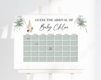 Editable Gender Neutral Baby on Board Baby Shower Guess Baby's Arrival, Surf Board Shower Due Date Calendar, Surfing Summer Decor, BBS663