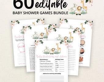 May include: A bundle of 60 editable baby shower game cards featuring watercolour illustrations of a giraffe, lion, and deer surrounded by pink flowers. The cards include text such as Baby Predictions and Advice, with blank lines for writing responses.