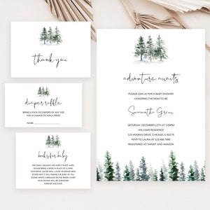 L'avventura modificabile attende il pacchetto di inviti per baby shower, pacchetto di inviti per baby shower con alberi di pino, baby shower invernale minimalista con alberi di pino, BBS337