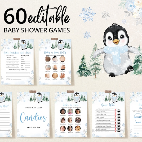 Editable Blue Winter Penguin Baby Shower Game Bundle, Baby It's Cold Outside Baby Shower Game Pack, Boy Winter Penguin Shower Games, BBS562