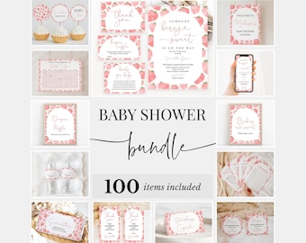 May include: A digital printable baby shower bundle with a strawberry theme. The bundle includes 100 items, such as invitations, thank you cards, food labels, and decorations. The design features pink and white watercolor strawberries with gold accents.