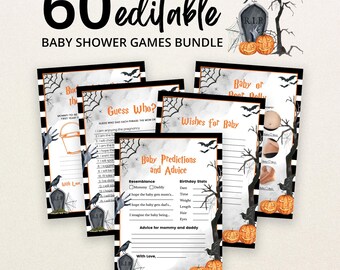 May include: A bundle of 60 editable baby shower game cards featuring a Halloween theme with black and white striped borders, spider webs, gravestones, pumpkins, and bats. The text includes titles like Guess Who, Wishes for Baby, and Baby Predictions.