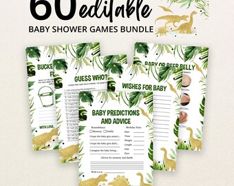 Puede incluir: Un paquete de 60 tarjetas de juegos para baby shower editables con hojas tropicales verdes e ilustraciones de dinosaurios con purpurina dorada. Las tarjetas incluyen títulos como Baby Predictions and Advice, Guess Who y Wishes for Baby.