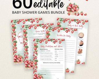 May include: A bundle of 60 editable baby shower game cards featuring watercolor strawberry illustrations. The cards include titles such as Guess Who, Baby or Beer Belly, Wishes for Baby, and Baby Predictions and Advice with lined spaces.