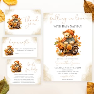 Bewerkbare Falling in Love Bear babyshower uitnodigingsbundel, Bear Pumpkin herfst babyshower uitnodigen, herfst Bear babyshower, BBS849
