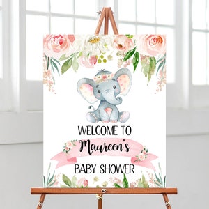 Editable niña elefante signo de bienvenida baby shower, elefante floral bienvenida cartel baby shower, rosa niña elefante baby shower decoración, BBS155
