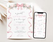 Editable Pink Bow Baby Shower Invitation, Bow Girl Baby Shower Invite, Sweet Little Girl Floral Ribbon Baby Shower Invite,BBS979