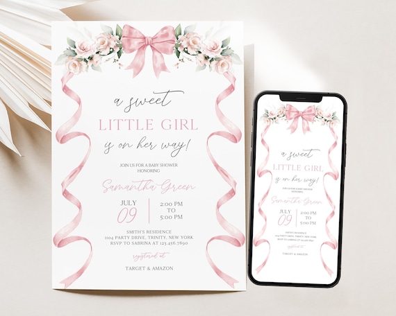 Editable Pink Bow Baby Shower Invitation, Bow Girl Baby Shower Invite, Sweet Little Girl Floral Ribbon Baby Shower Invite,BBS979