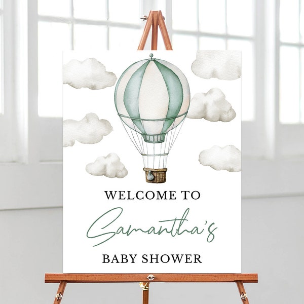 Editable Adventure Awaits Baby Shower Welcome Sign, Green Hot Air Balloon Baby Shower Welcome Poster, Gender Neutral Adventure Awaits BBS385