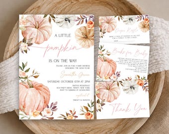 May include: A baby shower invitation set featuring watercolor illustrations of pumpkins and floral accents. The main card reads A LITTLE pumpkin IS ON THE WAY! with event details for Samantha Green. Includes a diaper raffle, book request, and thank you card.