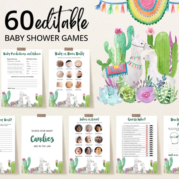 Editable Llama Baby Shower Game Bundle, Cactus Llama Baby Shower Game Pack, Floral Llama Baby Shower Games, Cactus Fiesta Activity BBS141