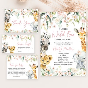 Editable A Little Wild One Girl Jungle Baby Shower Invitation Bundle, Greenery Floral Safari Jungle Animals Baby Shower Invitation, BBS393