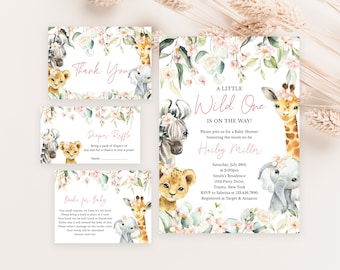 Editable A Little Wild One Girl Jungle Baby Shower Invitation Bundle, Greenery Floral Safari Jungle Animals Baby Shower Invitation, BBS393