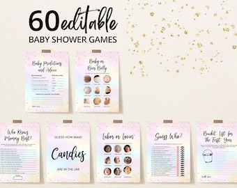 Editable Oh Baby Rainbow Baby Shower Game Bundle, Pastel Rainbow Baby Shower Game Pack, Pink Gold Rainbow Baby Shower Games, BBS621