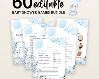 Peut inclure: Un ensemble de 60 cartes de jeux de fête prénatale modifiables avec des illustrations à l'aquarelle d'un éléphanteau tenant un ballon bleu, des motifs floraux bleus et du texte incluant Baby Predictions and Advice, Guess Who et Wishes for Baby.