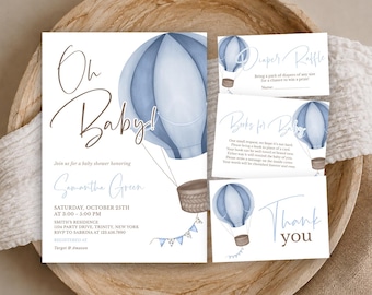 May include: A baby shower invitation set featuring watercolour blue hot air balloons and brown text. The main card reads Oh Baby! and includes event details for Samantha Green. Smaller cards include Diaper Raffle, Books for Baby, and Thank you.