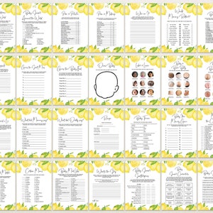 May include: A set of printable baby shower games with a lemon theme. The games include "Baby Traditions Around the World", "Baby Gear Around the World", "Price a Palette", "Price a Matching", "Who Am I", "Mommy's Belly", "Baby Truths", "Two Truths and a Lie", "What Did Mommy Say", "What Did Daddy Say", "Recipe", "Baby Trivia", "Baby You're My Sunshine", "Make the Candy Bar", "Baby We Just Met", "Cotton Moms", "Baby Meal Likes", "What's the Sex", "Baby Guess Categories", "Guess the Number", "Baby Guess Food".