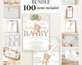 May include: A baby shower bundle featuring 100 items with a teddy bear theme. The stationery includes invitations, signs, and tags decorated with watercolor bears, green and tan balloons, clouds, and stars, with text reading "We can bearly wait baby".