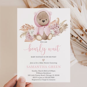Editable We Can Bearly Wait Baby Shower Invitation, Pink Bear Baby Shower Invite, Boho Bear Baby Shower Invite, Pampas Bear BBS383