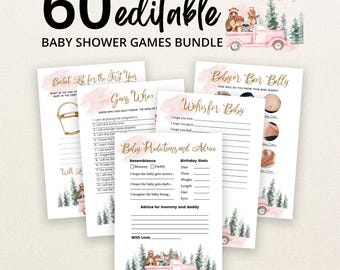 Op de afbeelding: Een bundel van 60 bewerkbare babyshower-spelkaarten met een illustratie van een roze vrachtwagen met bosdieren, dennenbomen en gouden scripttekst. De kaarten bevatten titels zoals Bucket List for the First Year, Guess Who, Wishes for Baby en Baby Predictions and Advice.