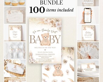 Bewerkbaar bruin, genderneutraal, boho babyshowerpakket met beer, uitnodigingspakket 'We kunnen bijna niet wachten', boho bruine beer spelletjespakket, BBS661