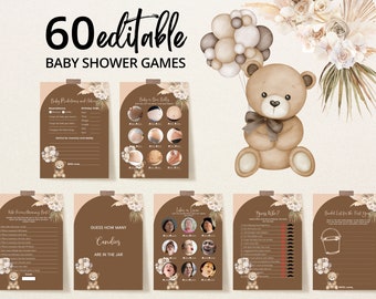 Editable We Can Bearly Wait Baby Shower Game Bundle, Gender Neutral Bear Balloon Baby Shower Game Pack, Boho Bear Baby Shower Games, BBS435