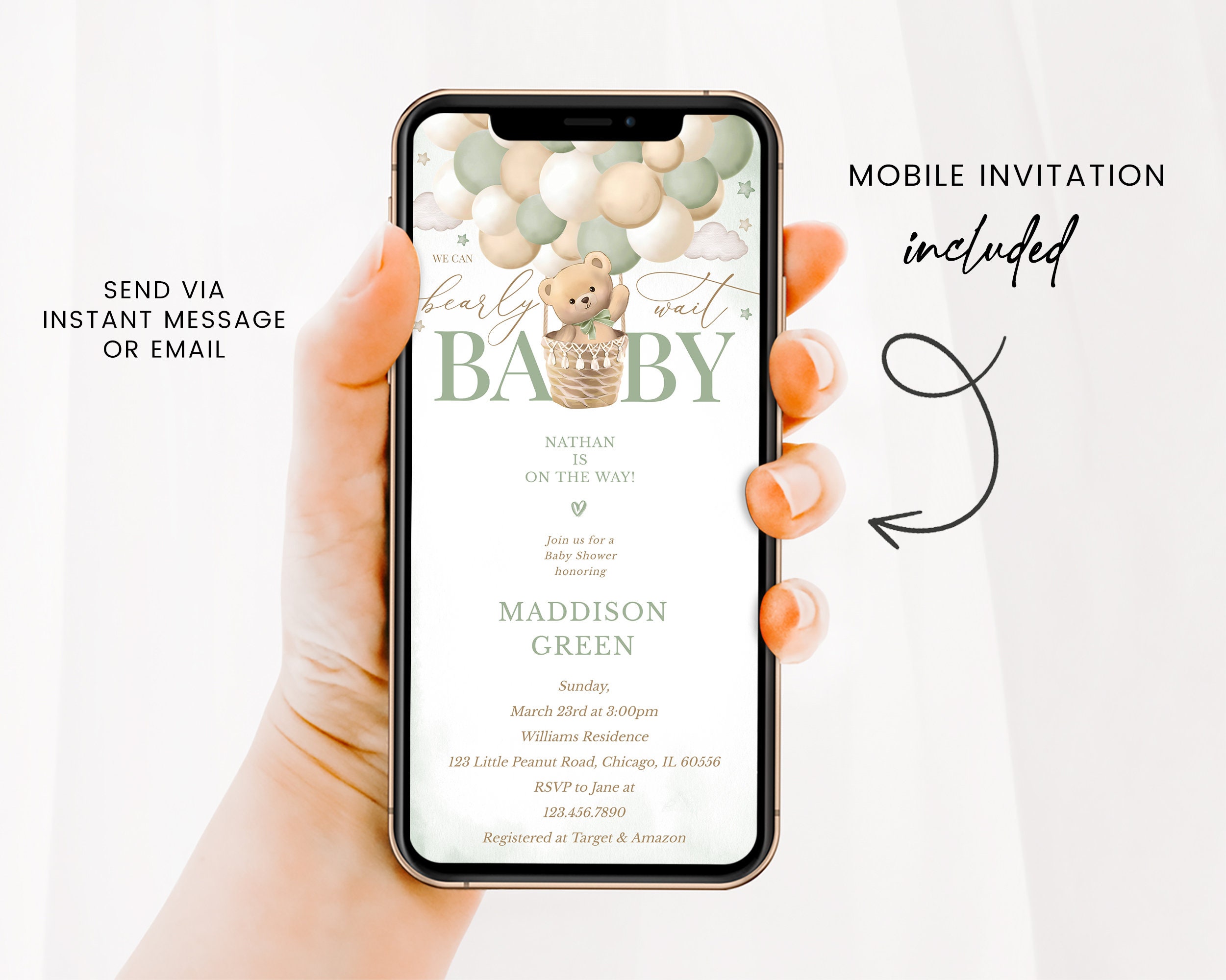 Editable Bear Green Hot Air Balloon Baby Shower Invitation, We Can ...