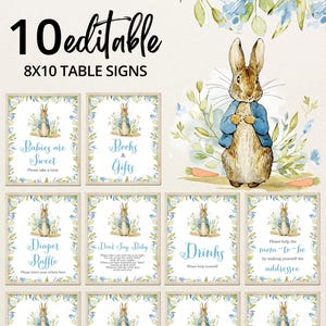 Cartello da tavolo modificabile per baby shower Peter Rabbit, i bambini di Peter Rabbit blu sono dolci favori, lotteria dei pannolini per bambini Peter Rabbit, Peter Rabbit BBS298