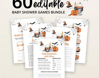 May include: A bundle of 60 editable baby shower game cards featuring Halloween-themed watercolor illustrations of ghosts, pumpkins, cauldrons, and spiderwebs. The text includes titles like Baby Predictions and Advice, Bucket List, and Guess Who.