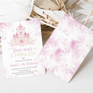 Redigerbar inbjudan till 4-årsdagen för en prinsessa, blommig prinsessfödelsedagsinbjudan, kunglig prinsessa med magiskt slott, BRT244 bild 4