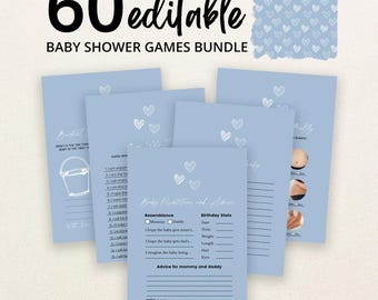 May include: A bundle of 60 editable baby shower game cards in a light blue colour scheme. Each card features white heart illustrations and text prompts for activities like baby predictions, advice, and guessing games, with a matching heart pattern.
