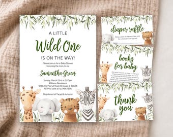 May include: A baby shower invitation set featuring watercolour illustrations of a giraffe, elephant, tiger, and zebra with green foliage. The text includes A LITTLE Wild One IS ON THE WAY, diaper raffle, books for baby, and thank you with event details.