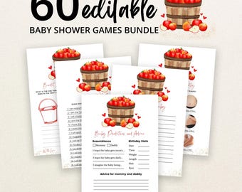 Pacchetto di giochi per baby shower "La mela dell'occhio" modificabile, Pacchetto di giochi per baby shower "Raccolto di mele", Giochi per baby shower autunnali, BBS857